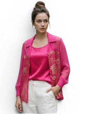Vintage 1980s Alfred Sung Silk Two-Piece Lace Overlay Top Set – Size 4